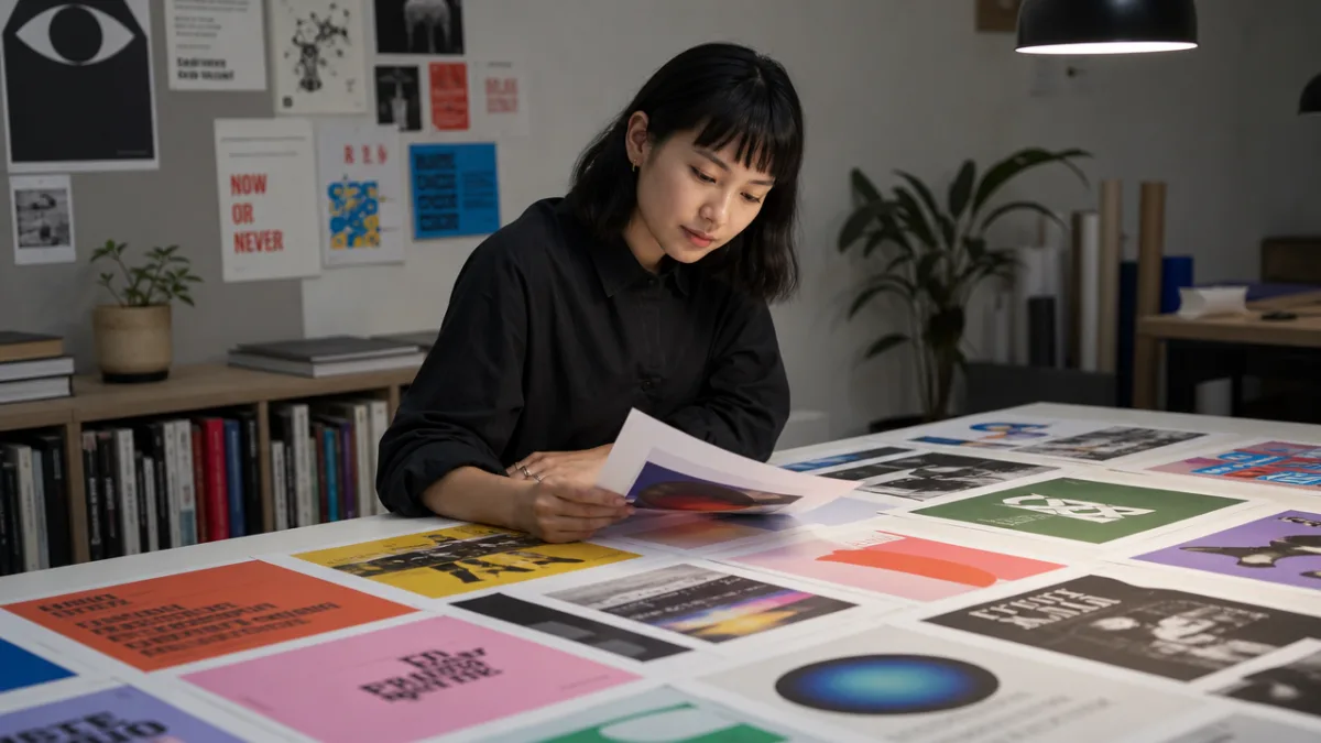 a designer reviewing colorful portfolio prints spread across a large table, focused…