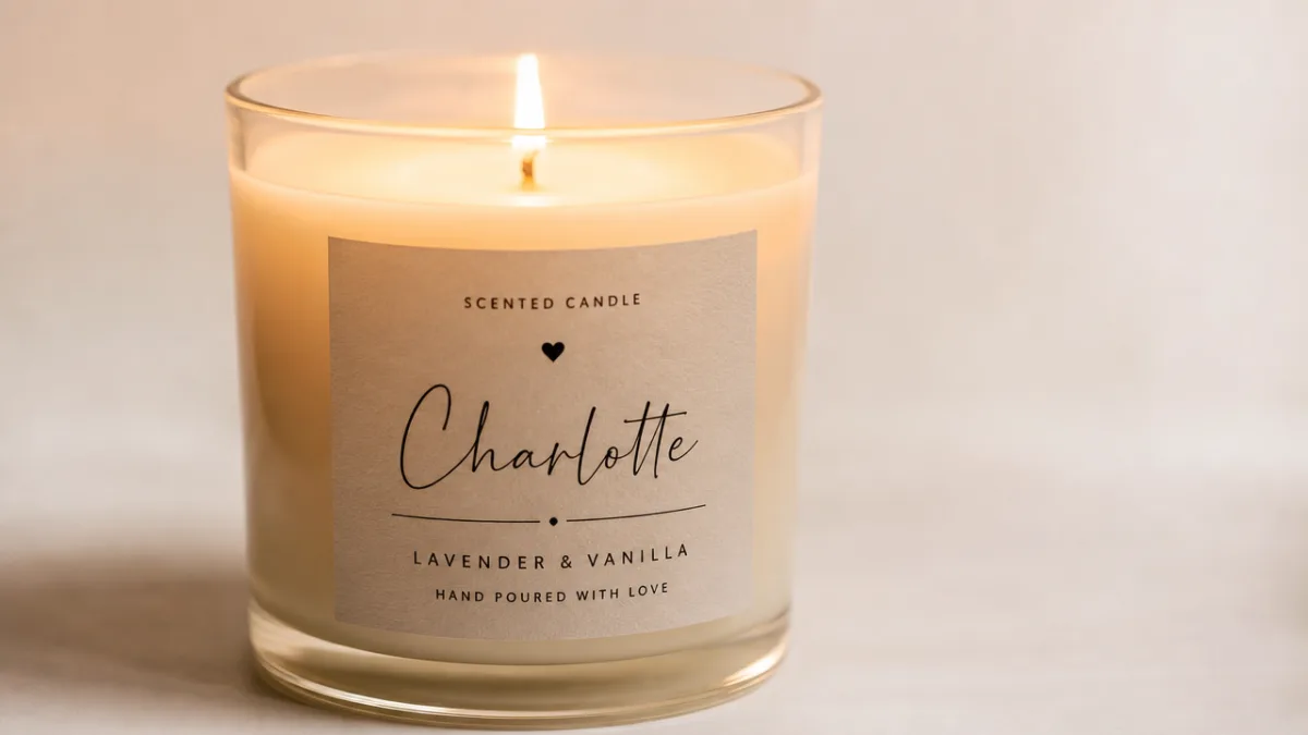 a close-up of a personalised scented candle with soft warm candlelight glowing…