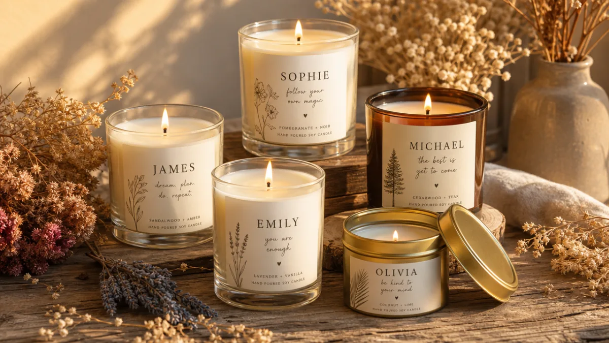 a group of personalised candles arranged on a rustic wooden table with…
