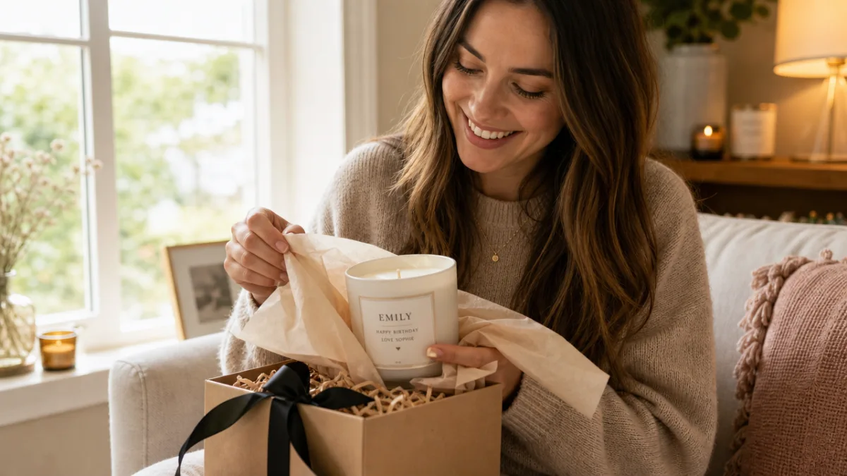 a woman smiling as she unwraps a beautifully packaged personalised candle gift,…