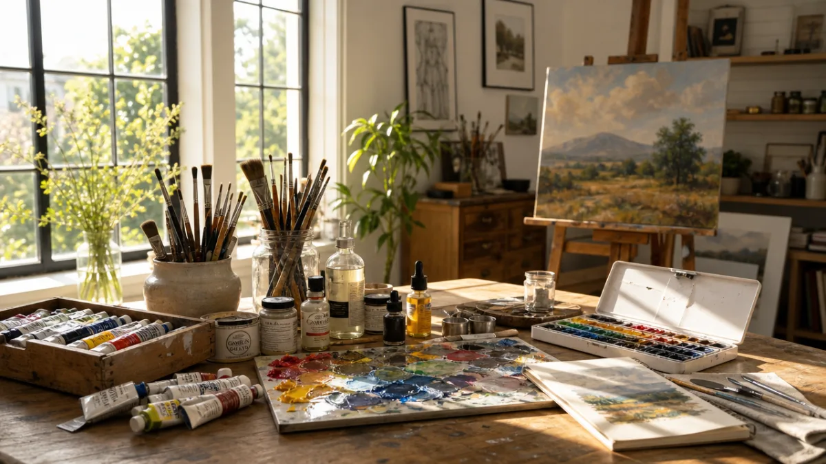 a well-lit artist's studio with multiple paint mediums arranged on a wooden…