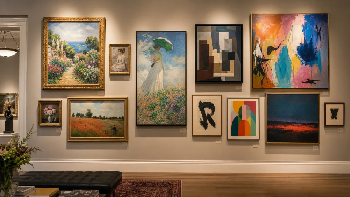 a colorful gallery wall displaying paintings in various styles from impressionism to…