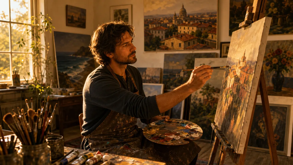a painter working at an easel in a sunlit studio, focused expression,…