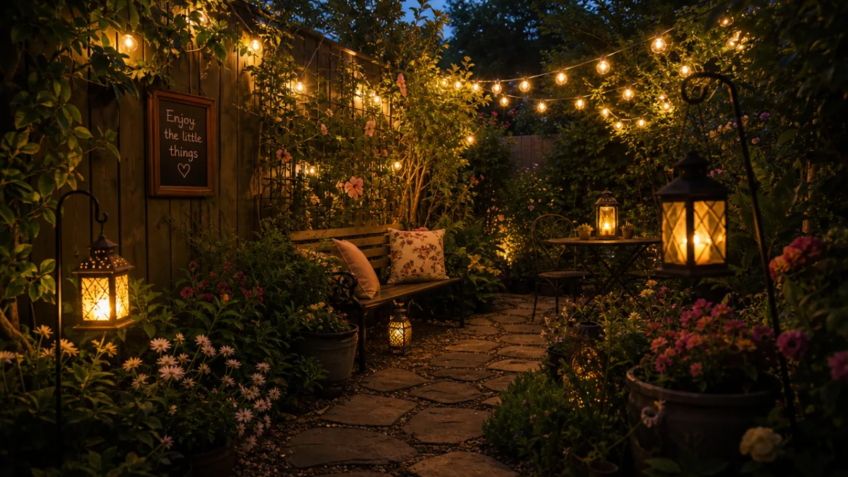 a small garden at dusk illuminated by warm string lights and glowing…