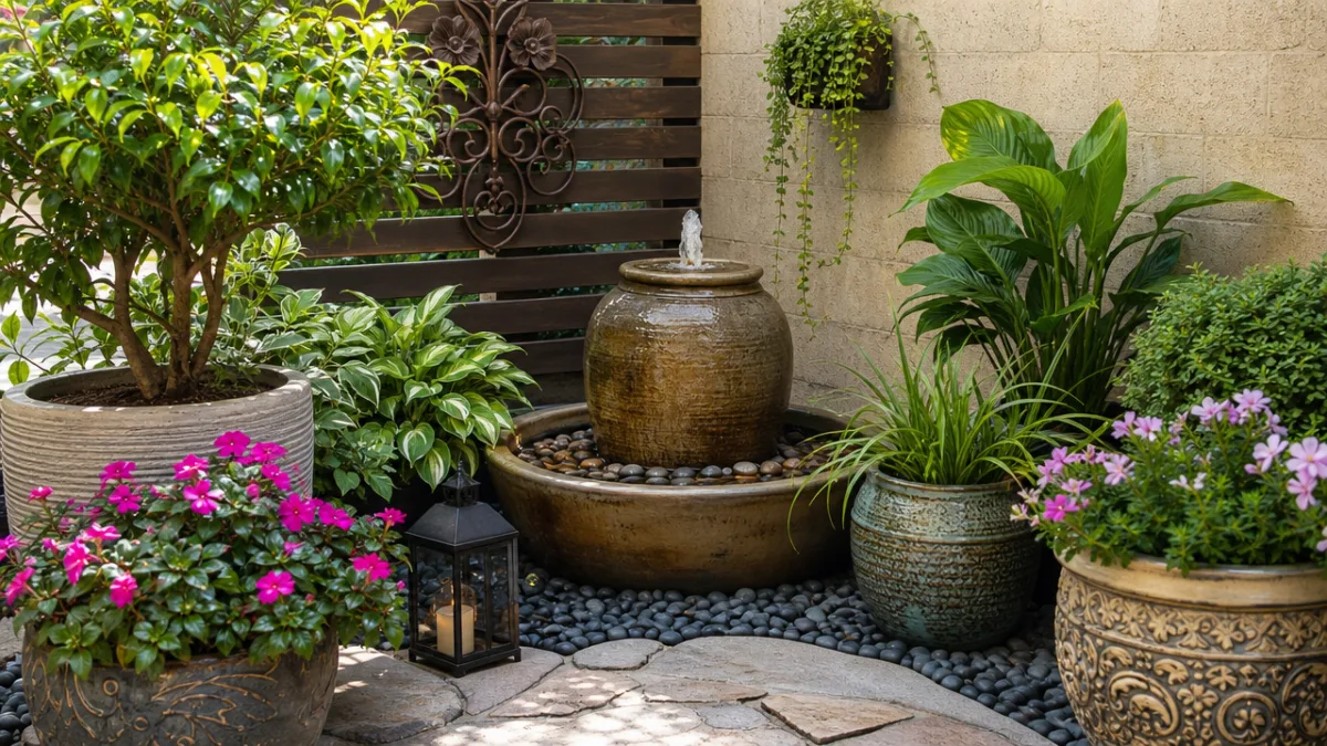 a beautifully styled compact garden corner with decorative pots, a small water…
