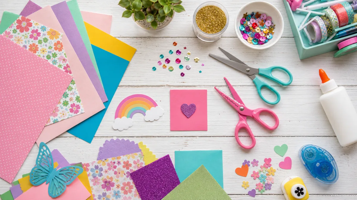 a flat lay of colorful paper, scissors, glitter, and craft tools on…