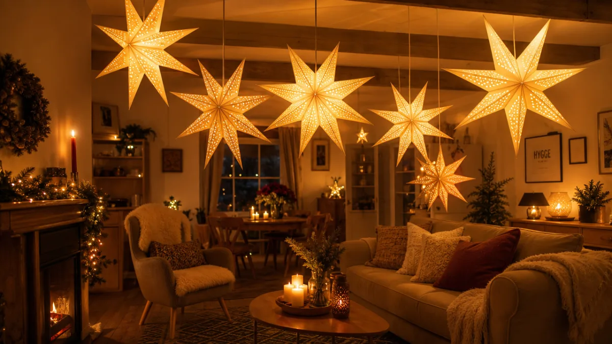 a cozy festive interior with glowing 3D paper stars hanging from the…