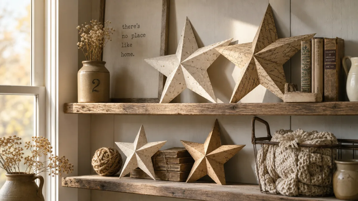 a rustic farmhouse shelf styled with handmade paper stars in neutral tones,…