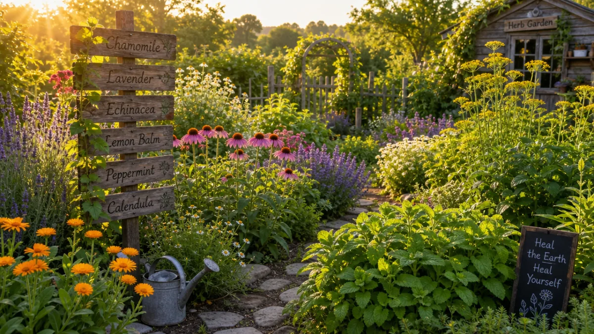 a lush medicinal herb garden in full summer bloom, bathed in warm…