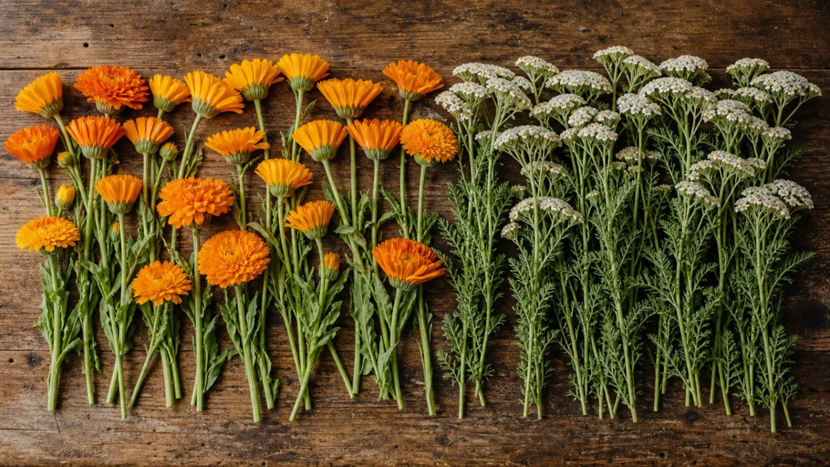 rows of freshly harvested calendula and yarrow laid out on a rustic…