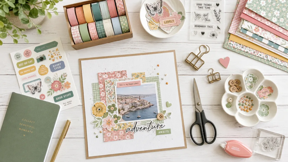 a flat lay of colorful scrapbooking supplies arranged neatly on a white…