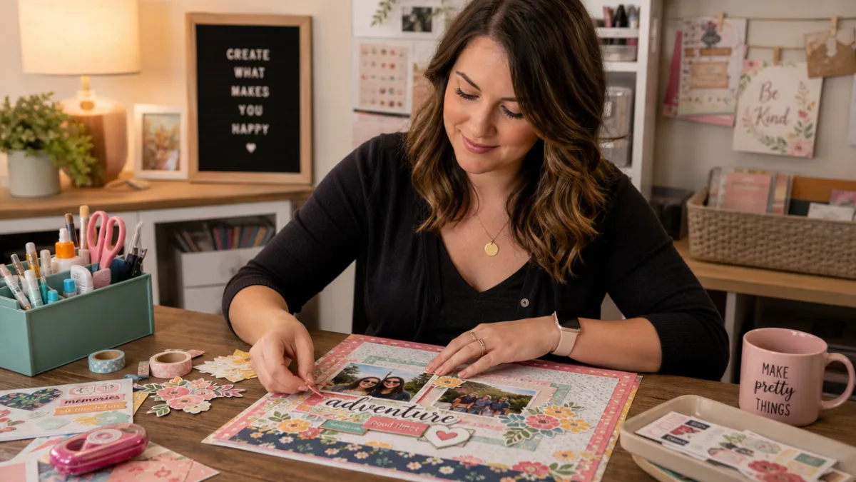 a woman sitting at a craft table creating a colorful scrapbook page,…