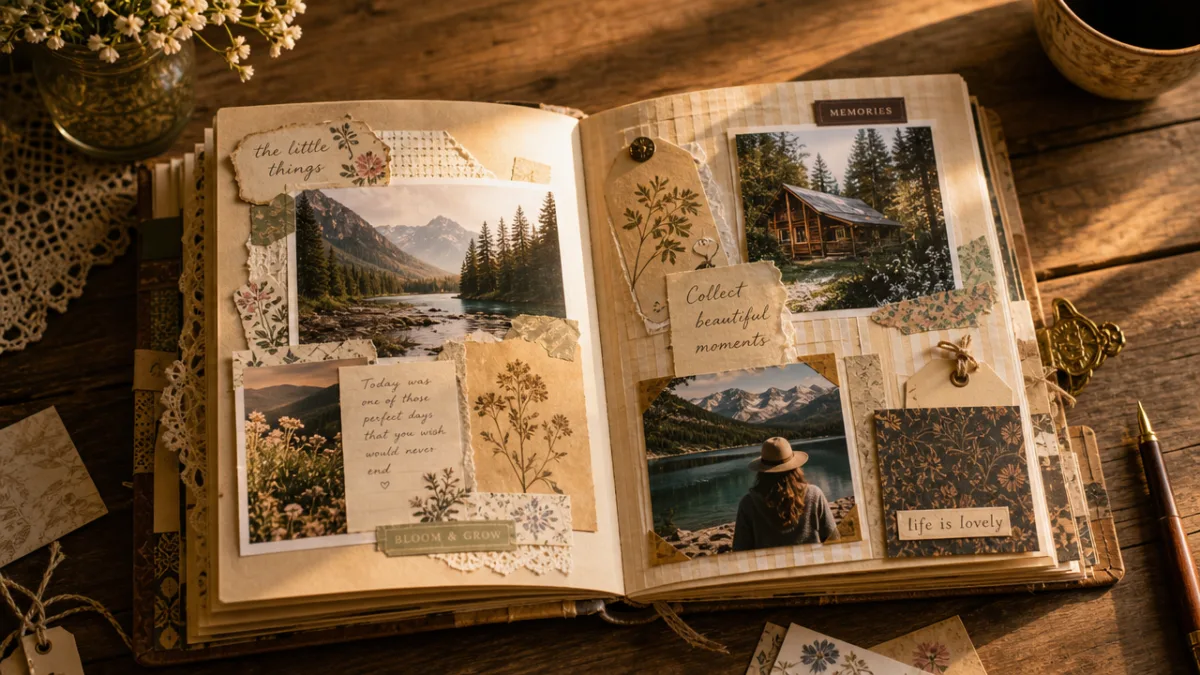 a beautifully finished scrapbook open on a rustic wooden table, warm golden…