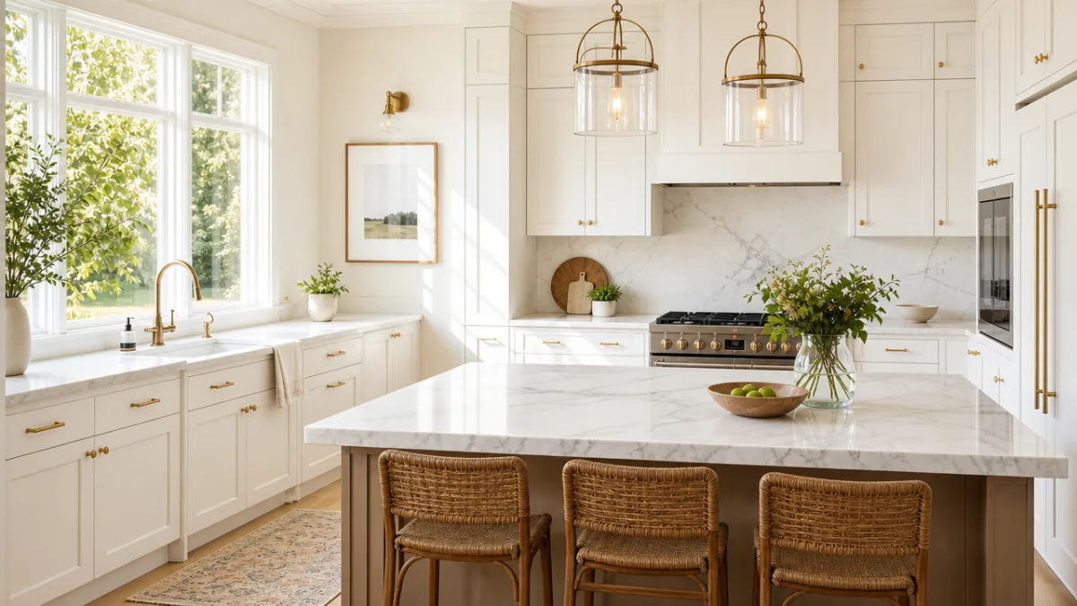 a bright modern kitchen with white shaker cabinets and marble countertops, warm…