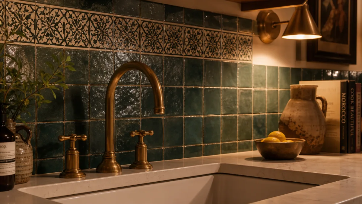 a close-up of handmade zellige tile backsplash with brass fixtures and quartz…
