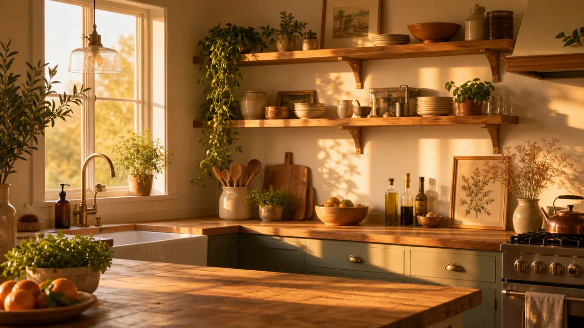 a warmly styled kitchen with open shelving displaying ceramics and herbs, golden…