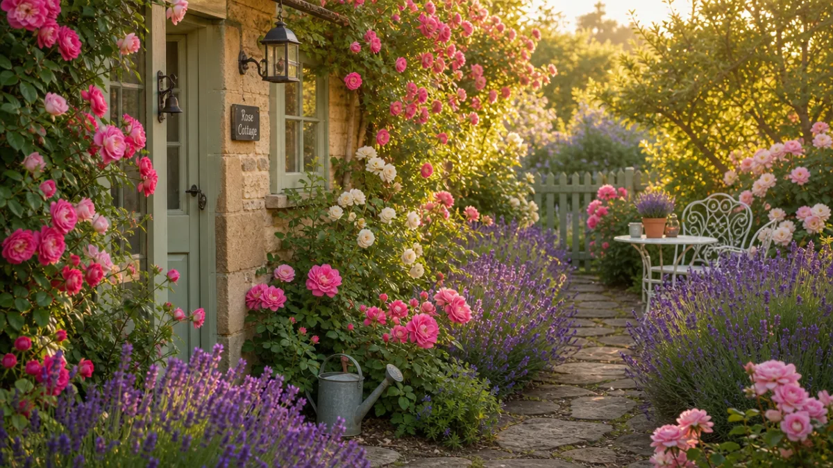 a lush small cottage garden overflowing with roses and lavender on a…