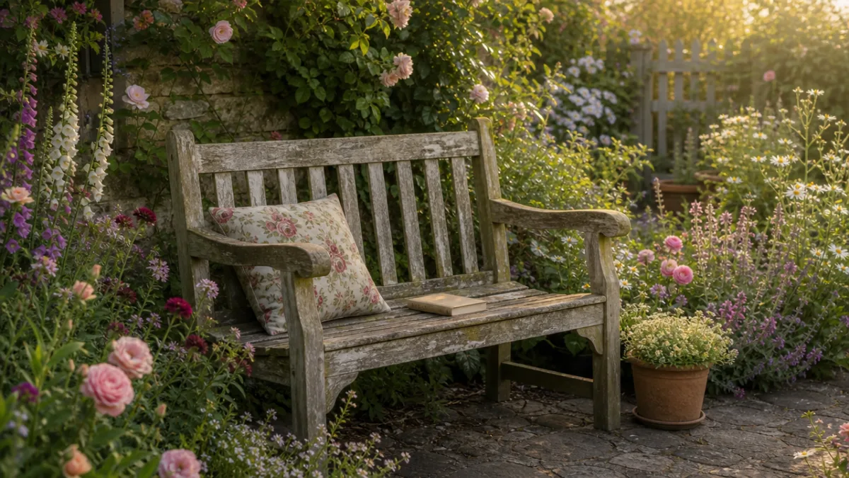 a weathered wooden garden bench surrounded by blooming cottage flowers in soft…