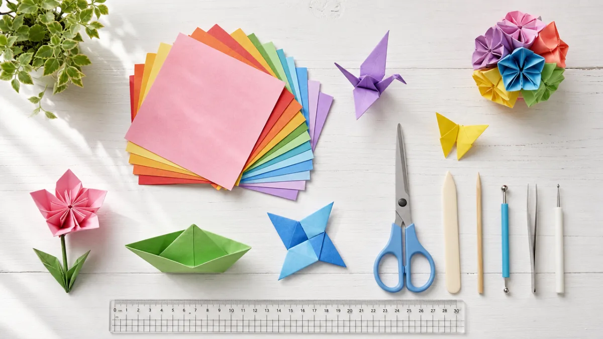 a flat lay of colorful origami paper, scissors, and folding tools arranged…