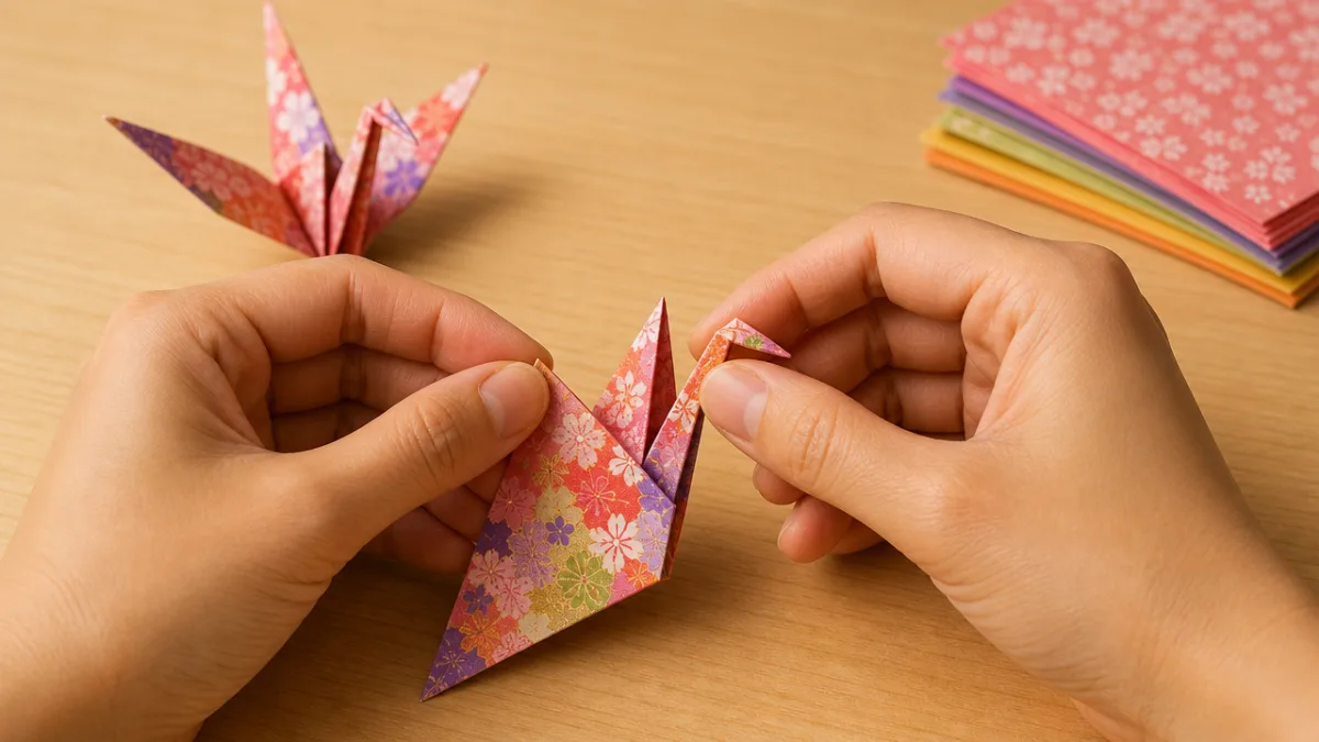 hands carefully folding a colorful sheet of origami paper into a crane…