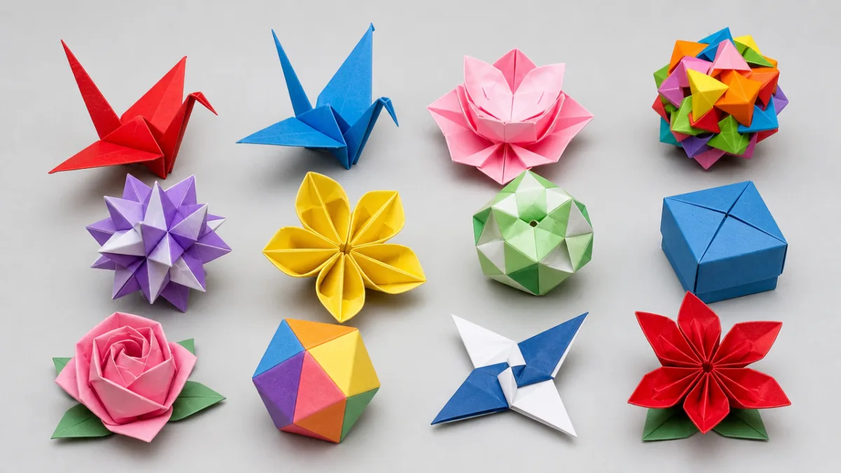 a variety of finished origami models including cranes, flowers, and geometric shapes…
