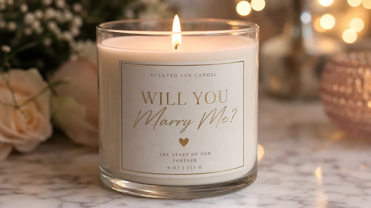 a close-up of a beautifully labeled proposal candle on a marble surface,…