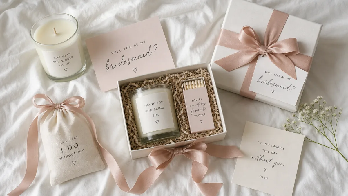 a flat lay of bridesmaid proposal gifts including candles, cards, and ribbons…