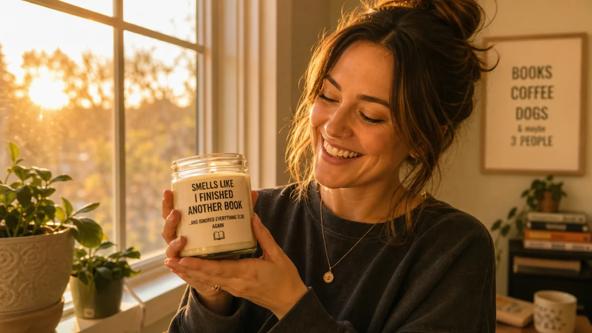 a smiling woman holding a humorous gift candle near a window, warm…