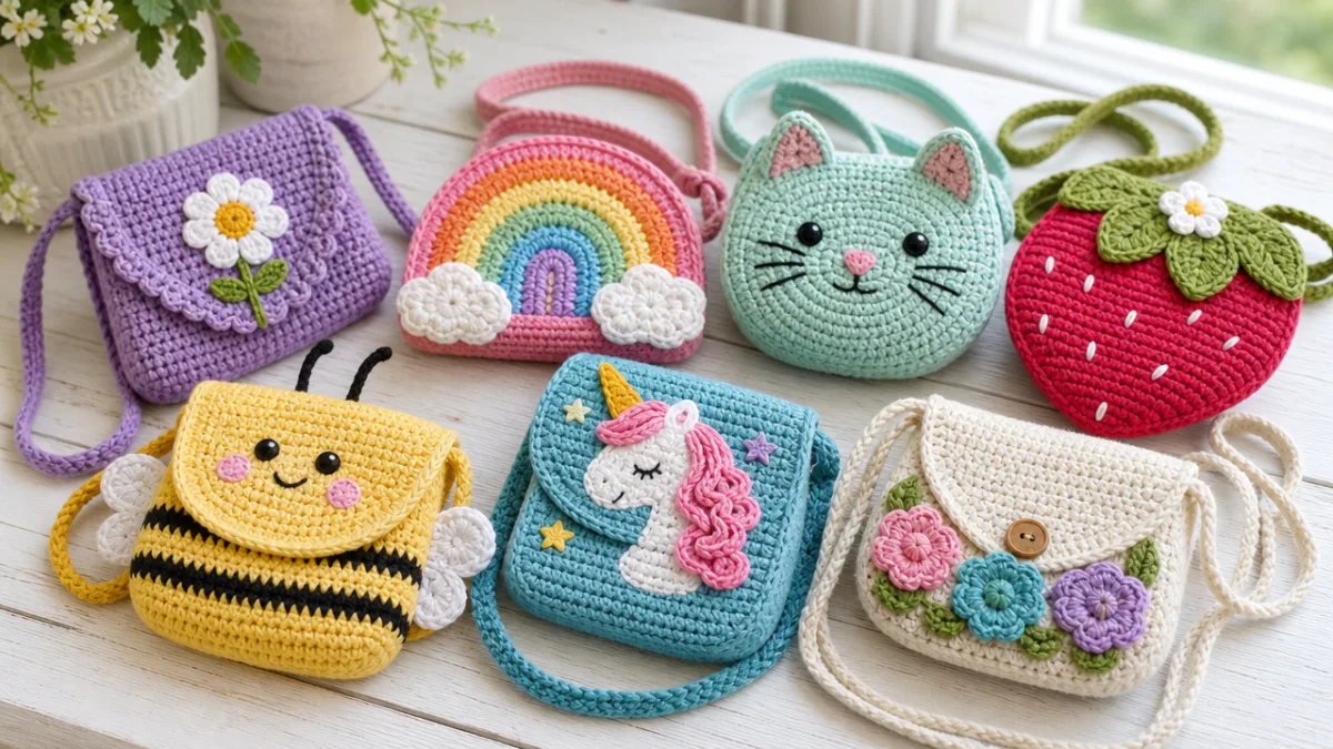 a colorful collection of handmade crochet children's purses arranged on a white…