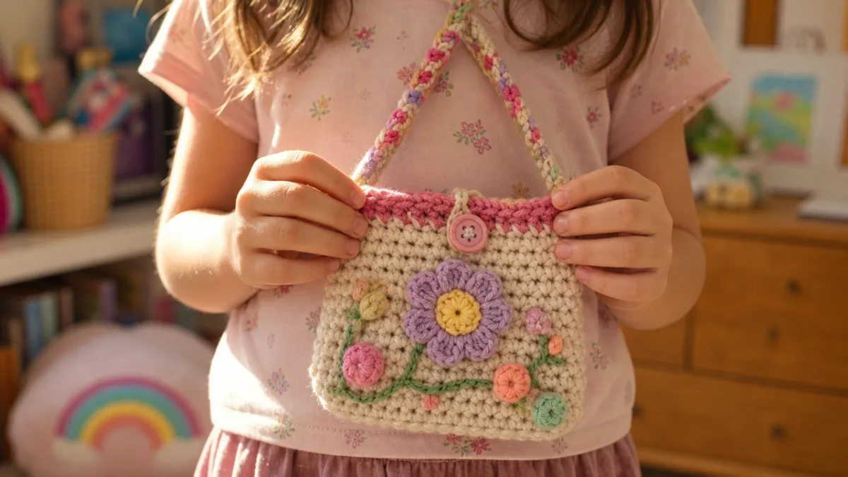 a child's hands holding a small handmade crochet bag with colorful yarn…