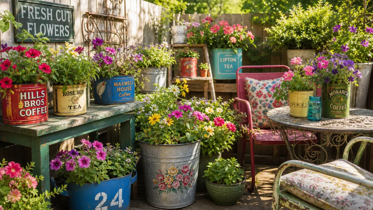 a sunny garden patio filled with colorful upcycled containers and vintage tin…