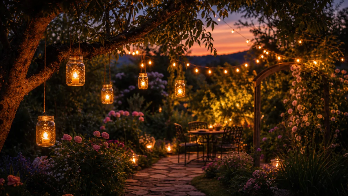 a romantic garden at dusk with glowing mason jar lanterns hanging from…
