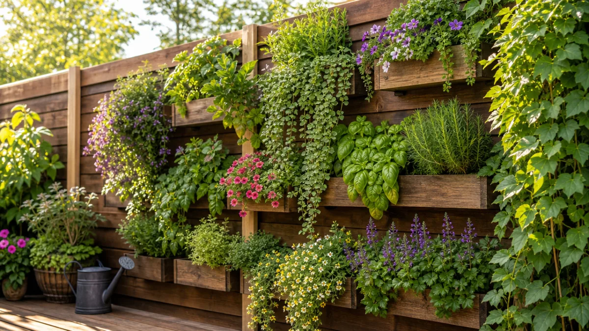 a lush vertical garden on a wooden fence with layered planters, herbs…