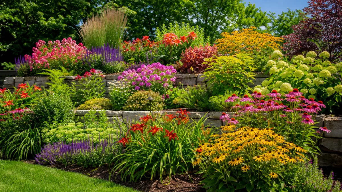 a lush tiered perennial garden bed in full bloom under bright midday…