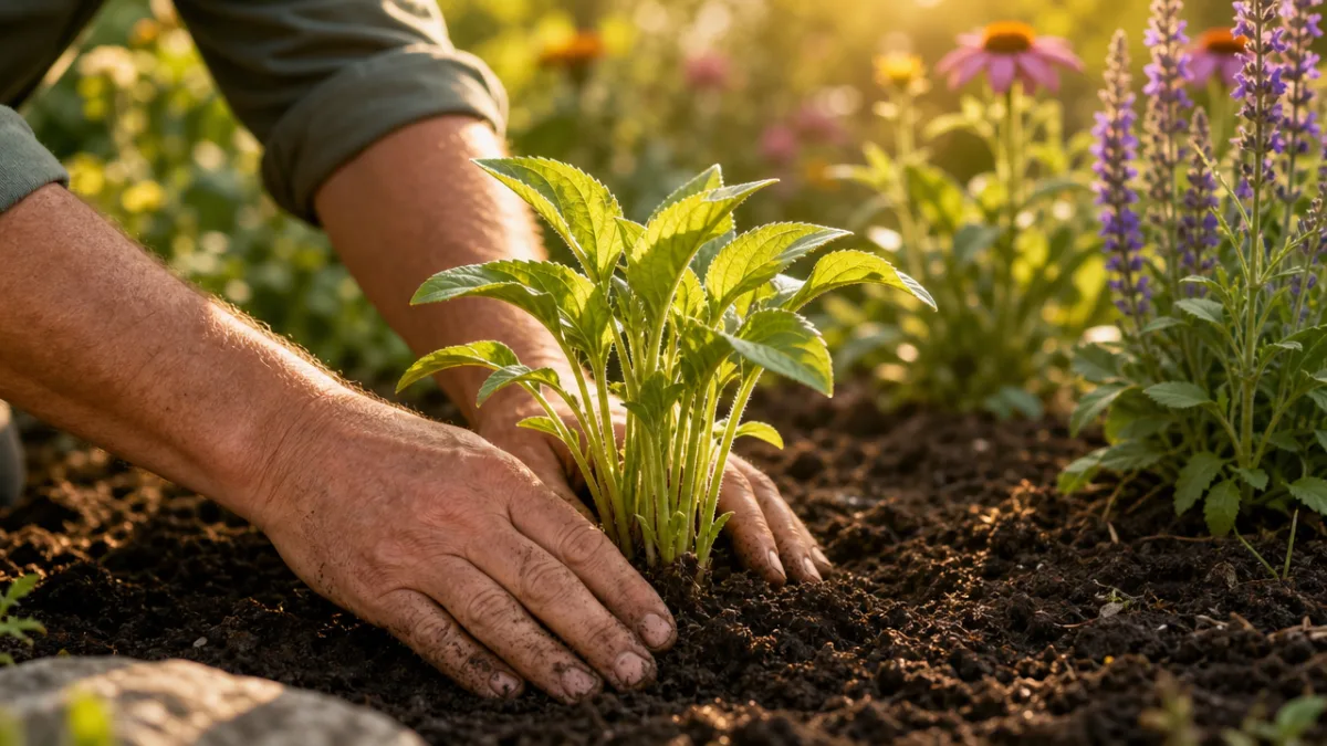 gardener's hands pressing a young perennial plant into rich dark soil in…