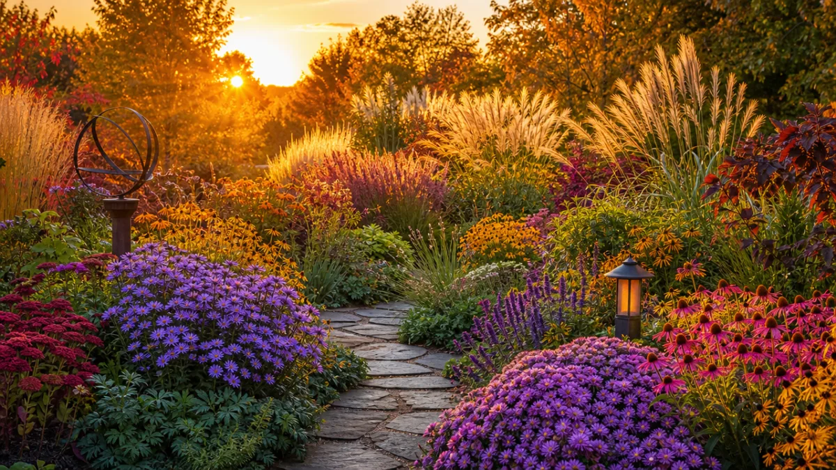 colorful full sun perennial garden in peak autumn bloom with ornamental grasses…