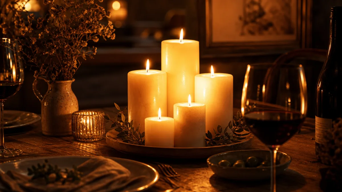 a warm intimate table scene with clustered pillar candles, golden candlelight casting…