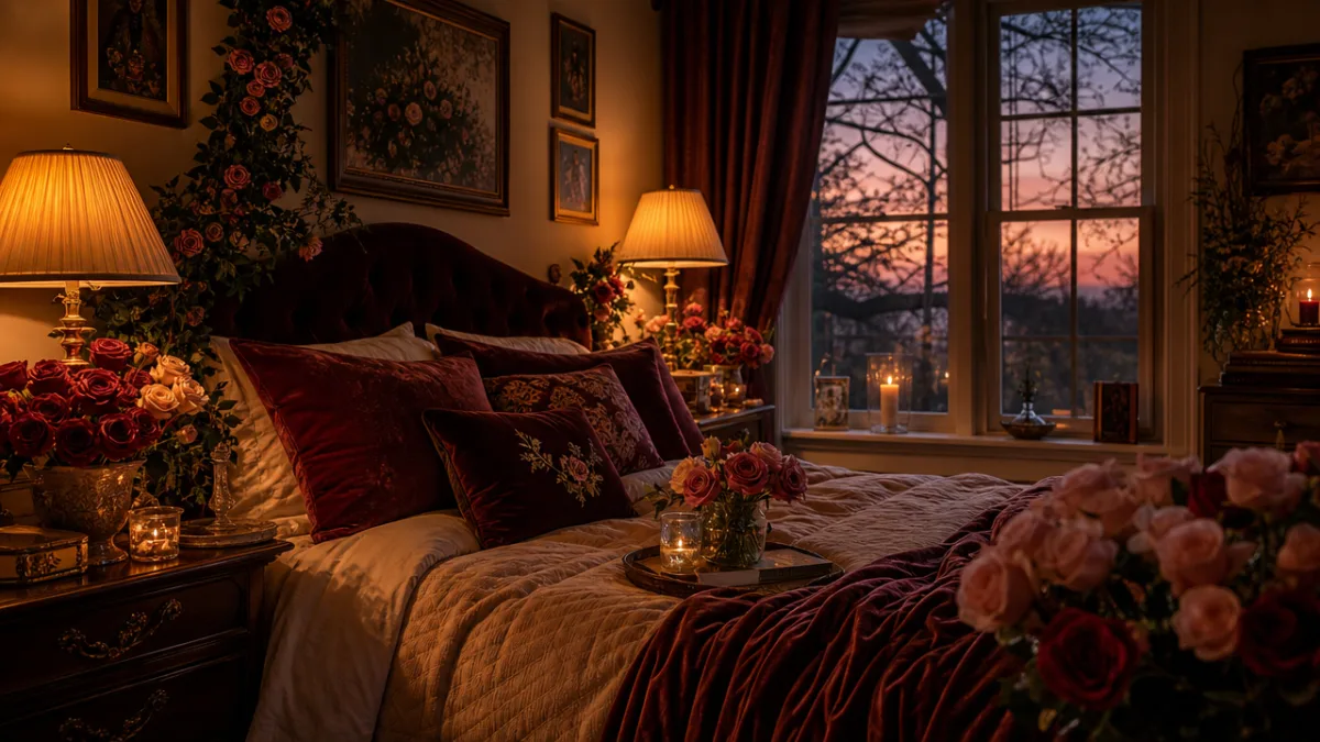 a lush cozy bedroom with rose arrangements, velvet pillows, and warm amber…
