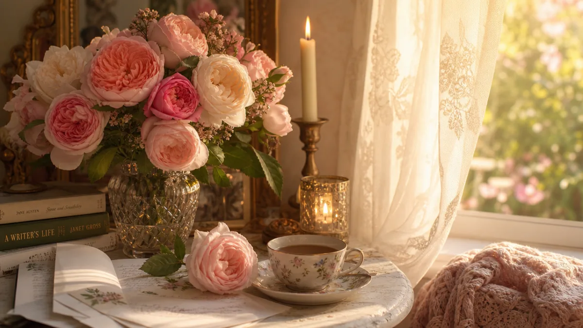a seasonal romantic vignette with garden roses, soft candlelight, and warm afternoon…