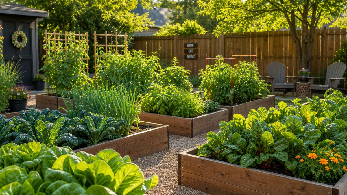 a sunny backyard garden with neatly arranged raised beds filled with lush…