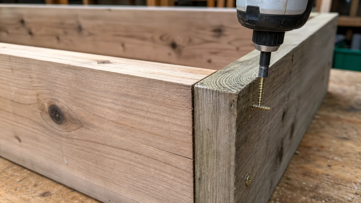 close-up of weathered cedar lumber raised bed frame being assembled with screws,…