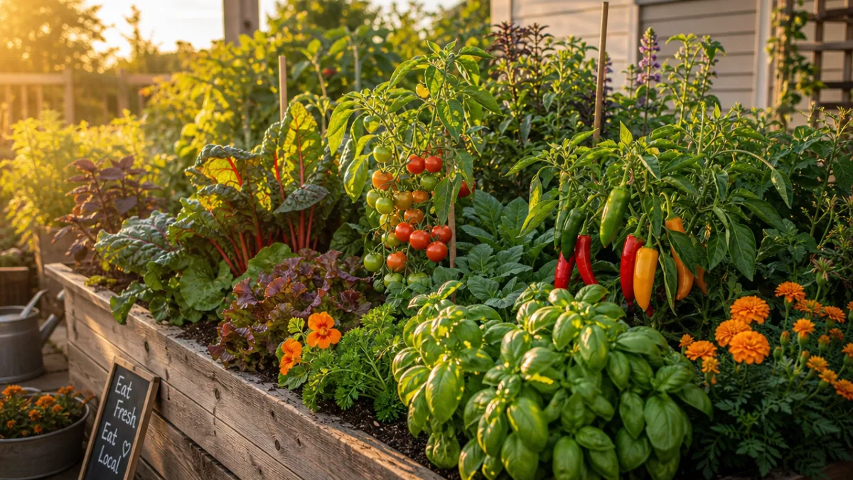 a thriving raised garden bed overflowing with colorful vegetables and herbs, golden…
