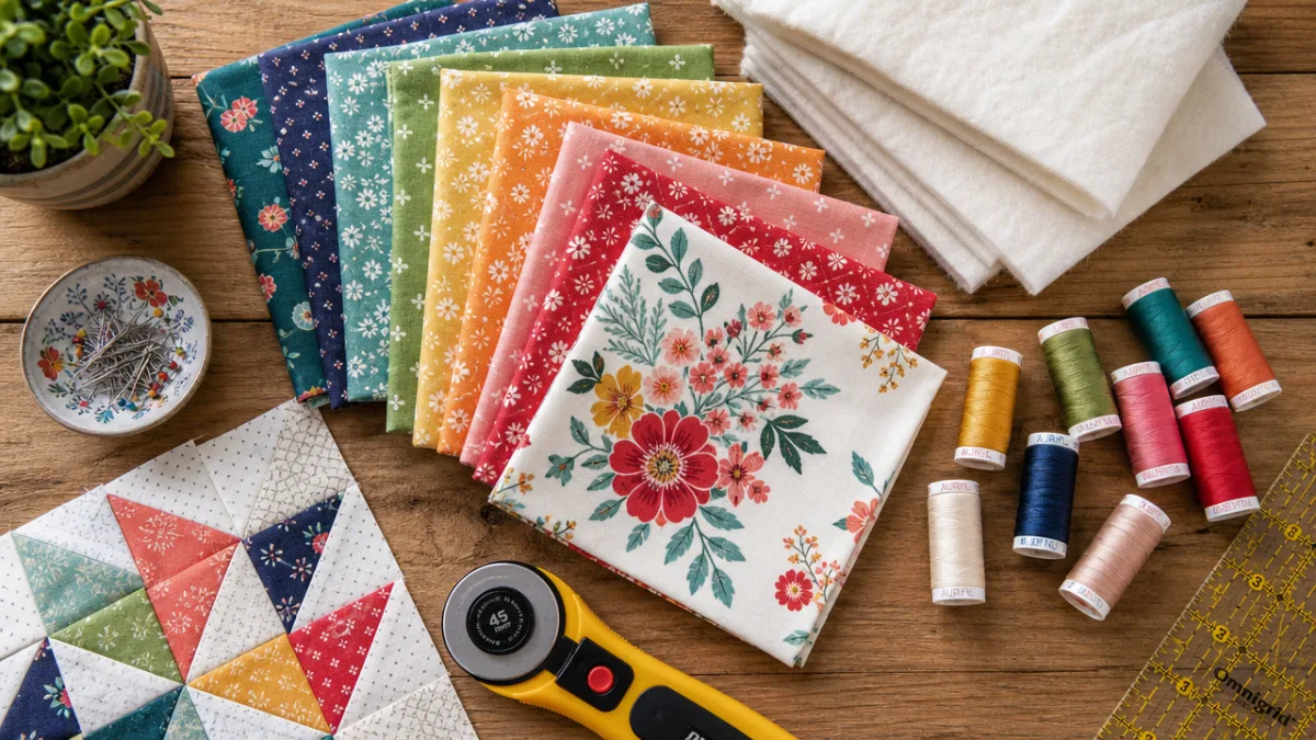 a flat lay of colorful quilting fabric swatches, batting, thread spools, and…