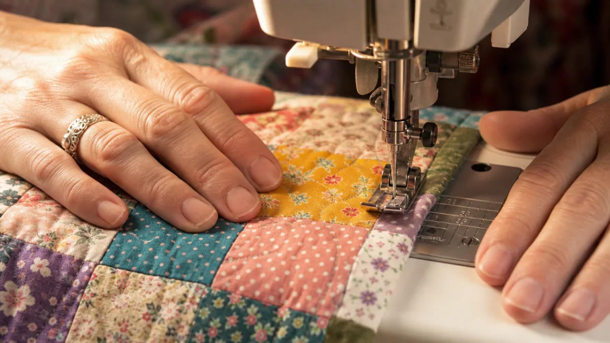 close-up of hands guiding colorful patchwork fabric under a sewing machine needle,…