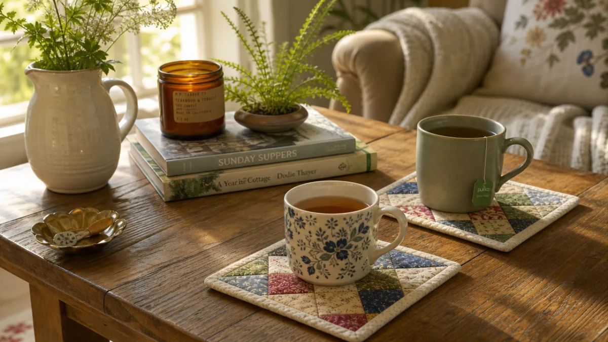 a styled coffee table scene with quilted patchwork coasters holding mugs of…