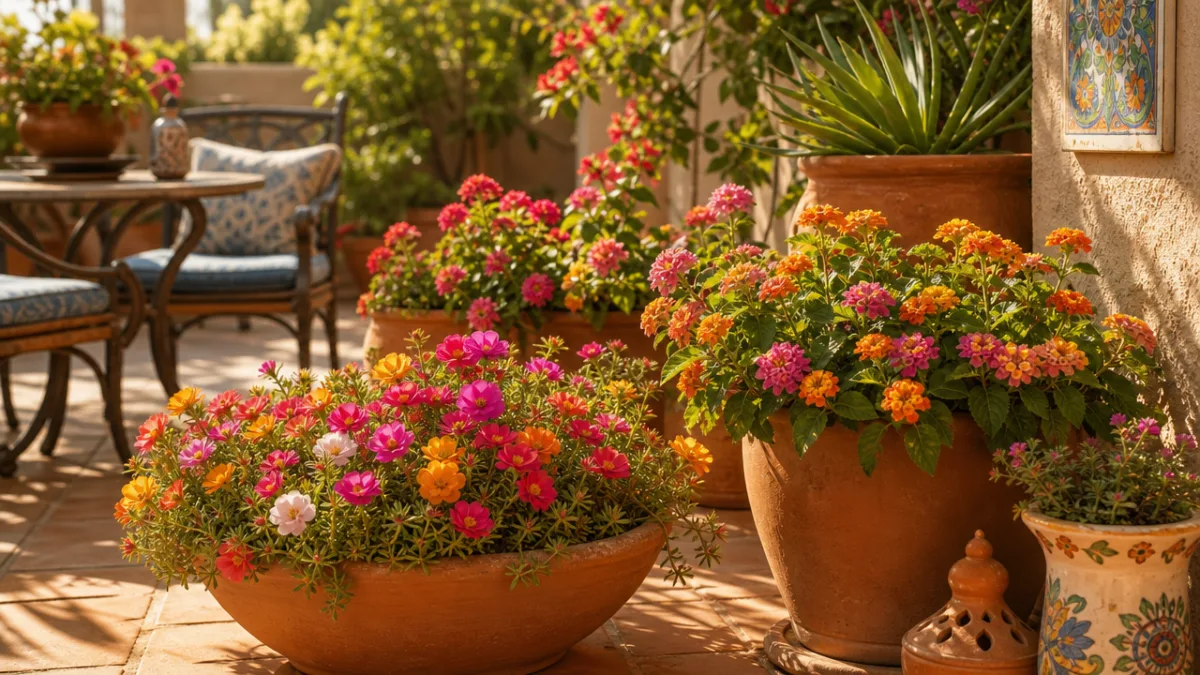 a sun-drenched patio with terracotta containers overflowing with colorful portulaca and lantana…
