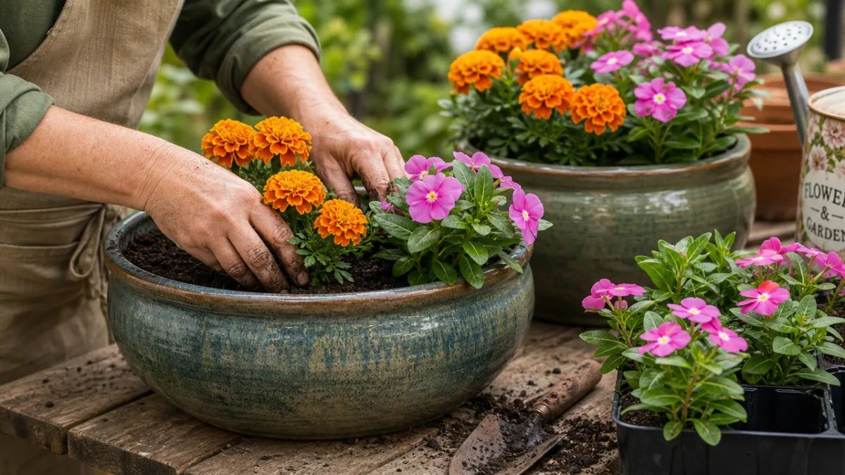 a gardener's hands potting vibrant marigolds and vinca into large ceramic planters,…