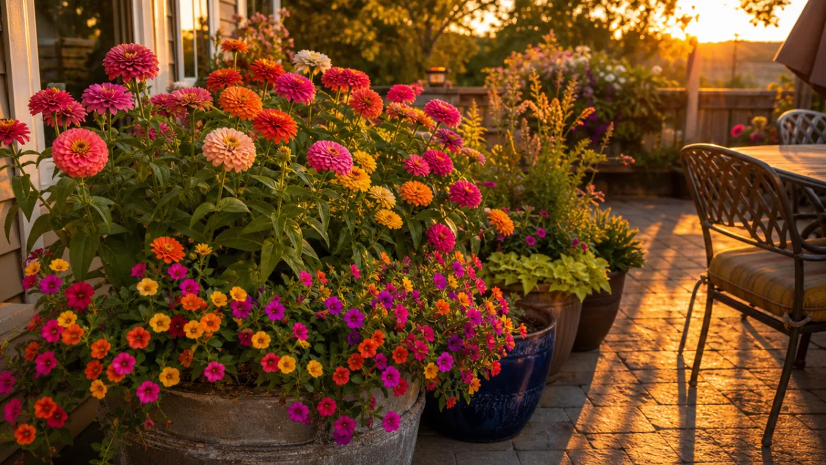 a late-summer patio container garden bursting with zinnias and calibrachoa, warm evening…