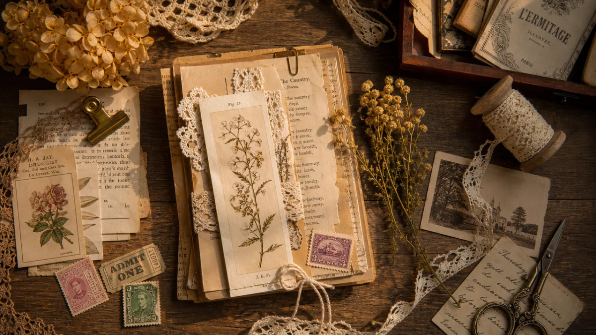 a flat lay of vintage junk journal materials including torn book pages,…