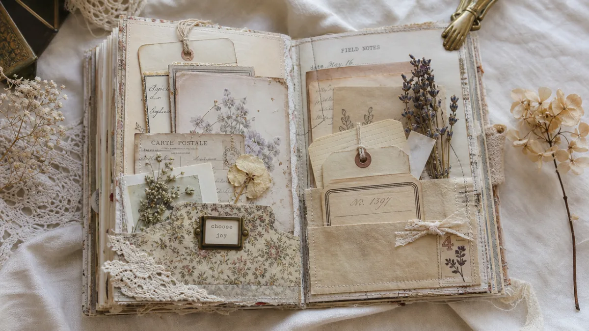 an open junk journal spread with pockets, tags, dried botanicals, and vintage…